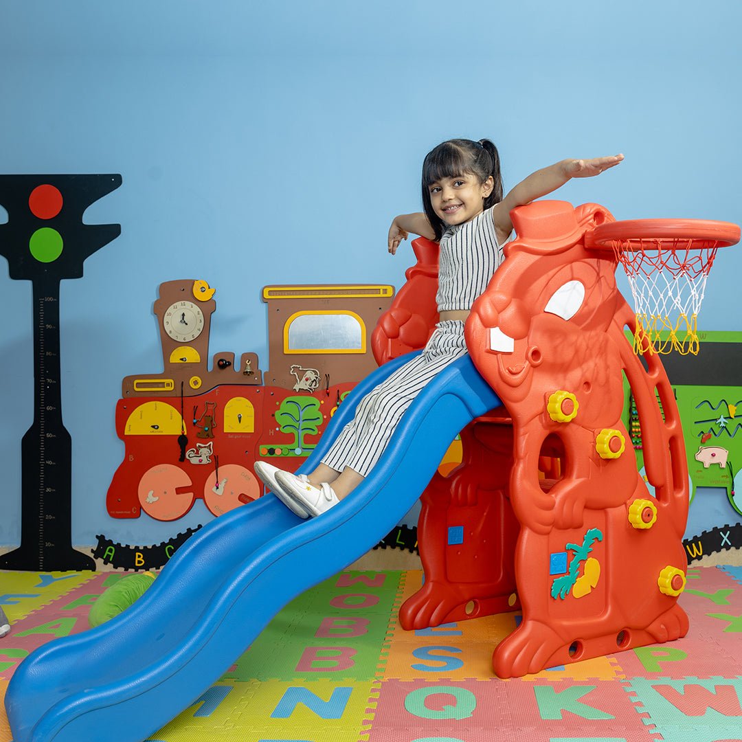 OK Play Rabbit Slide For Kids, Garden Slider With Basket Ball Ring- Red & Blue - FTFT000022