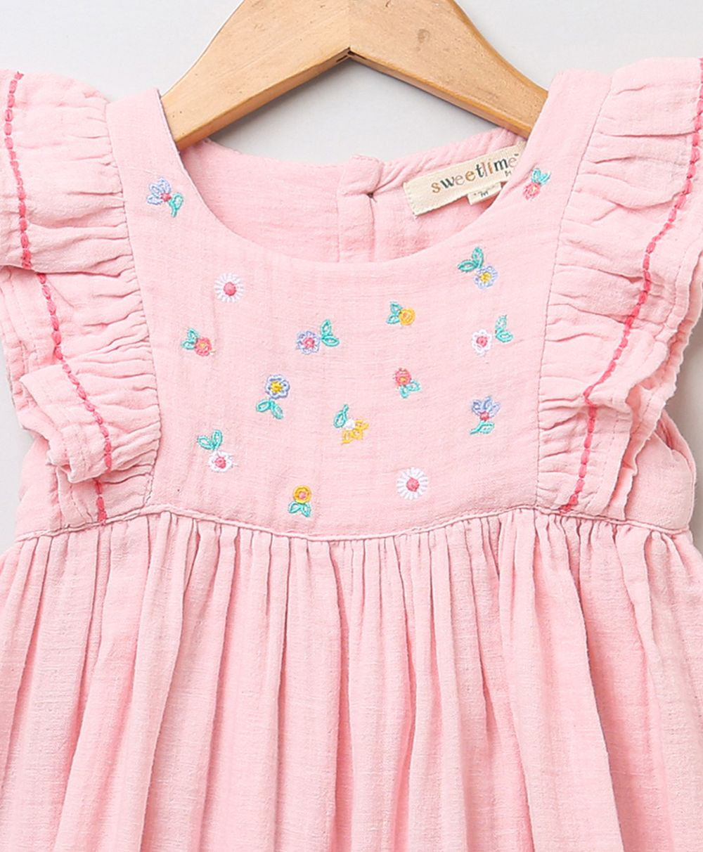 Sweetlime By As Baby pink embroidery yoke double cloth organic dress- Baby Pink - SLG-Dress-00983_12-18M
