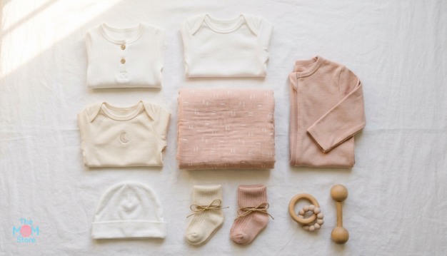 Babies in zipper rompers with a muslin burp cloth set
