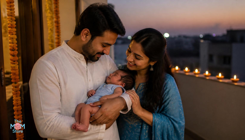 Indian parents holding their newborn in a soft blue cotton outfit on Diwali evening, with diyas glowing at a safe distance