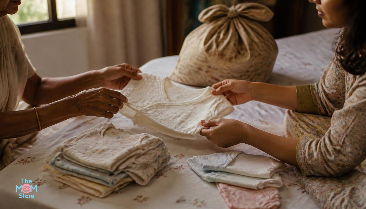 Grandmother and mother unfolding soft hand me down baby jablas beside new onesies on a bed in warm window light