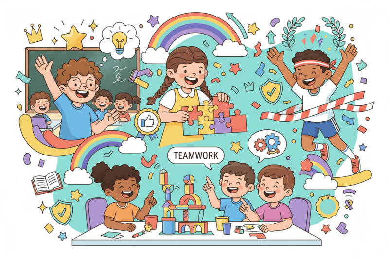 Kids celebrating learning achievements with educational toys and teamwork activities - The Mom Store