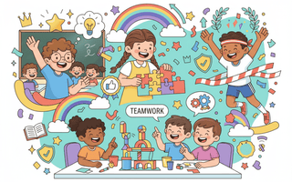 Kids celebrating learning achievements with educational toys and teamwork activities - The Mom Store