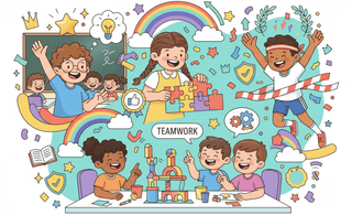 Kids celebrating learning achievements with educational toys and teamwork activities - The Mom Store