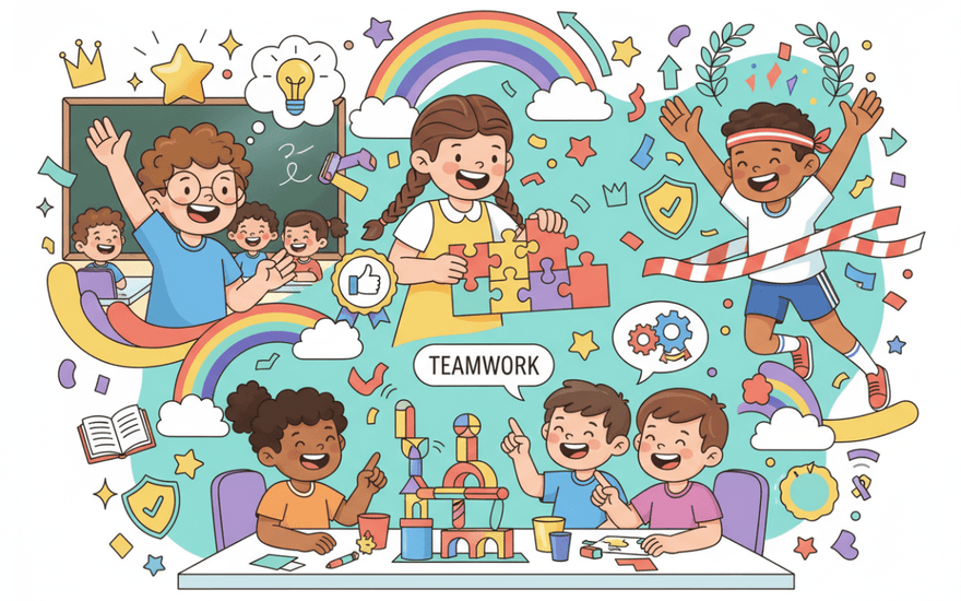 Kids celebrating learning achievements with educational toys and teamwork activities - The Mom Store