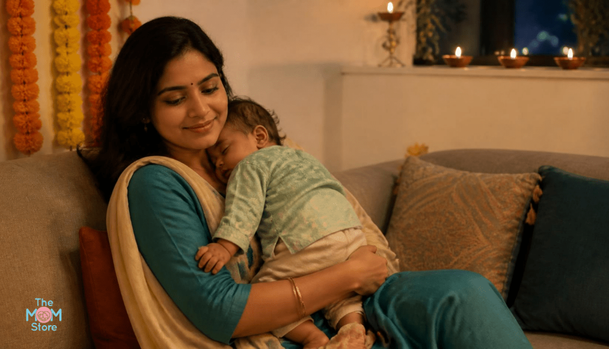 New mother in a festive silk kurta set holding her sleeping baby near a rangoli and diyas on Diwali evening