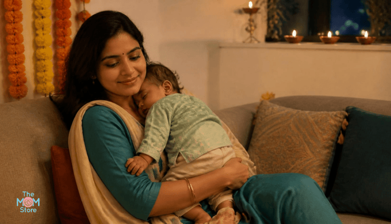 New mother in a festive silk kurta set holding her sleeping baby near a rangoli and diyas on Diwali evening
