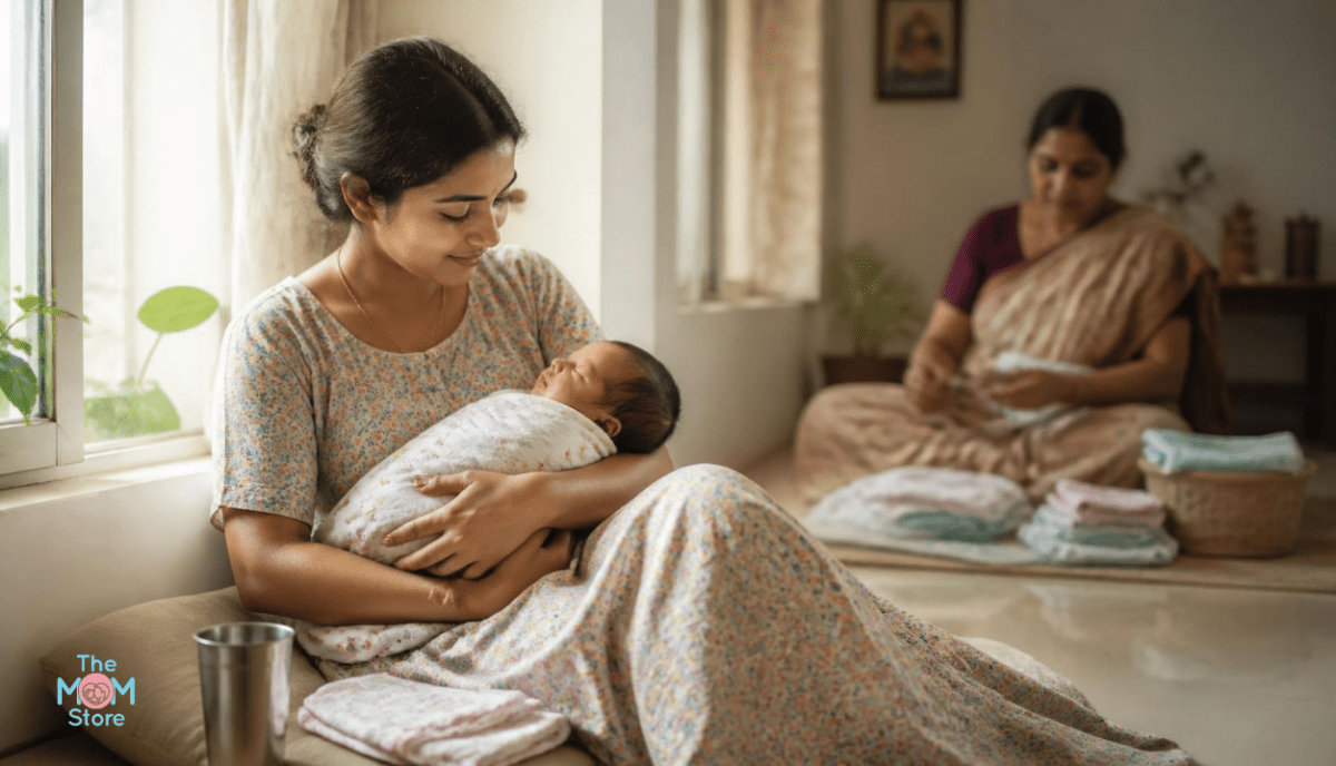 New mother in a cotton midi feeding dress holding her baby beside a sunlit window at home