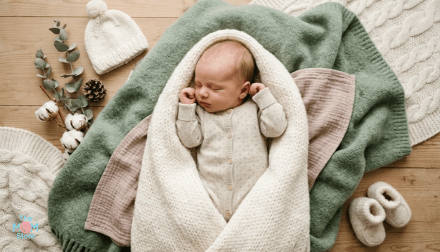 Babies in cotton rompers with a cap, mittens and booties set for winter