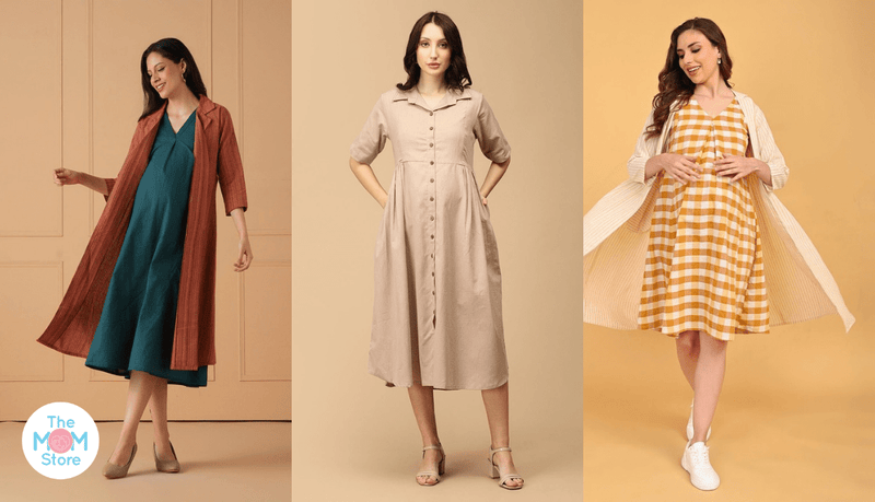 Three maternity workwear dresses from The Mom Store: two shacket dresses and a khadi shirt dress