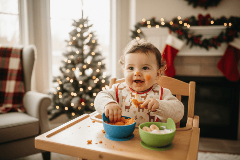 Smiling baby enjoying mashed Christmas baby food in a high chair, wearing a festive reindeer bib, with a decorated Christmas tree and holiday lights in the background — The Mom Store baby feeding essentials.