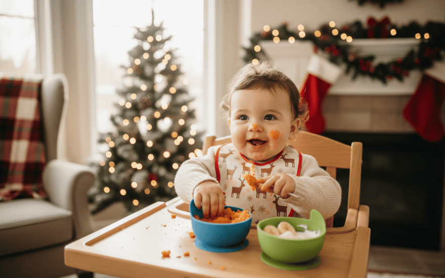 Smiling baby enjoying mashed Christmas baby food in a high chair, wearing a festive reindeer bib, with a decorated Christmas tree and holiday lights in the background — The Mom Store baby feeding essentials.