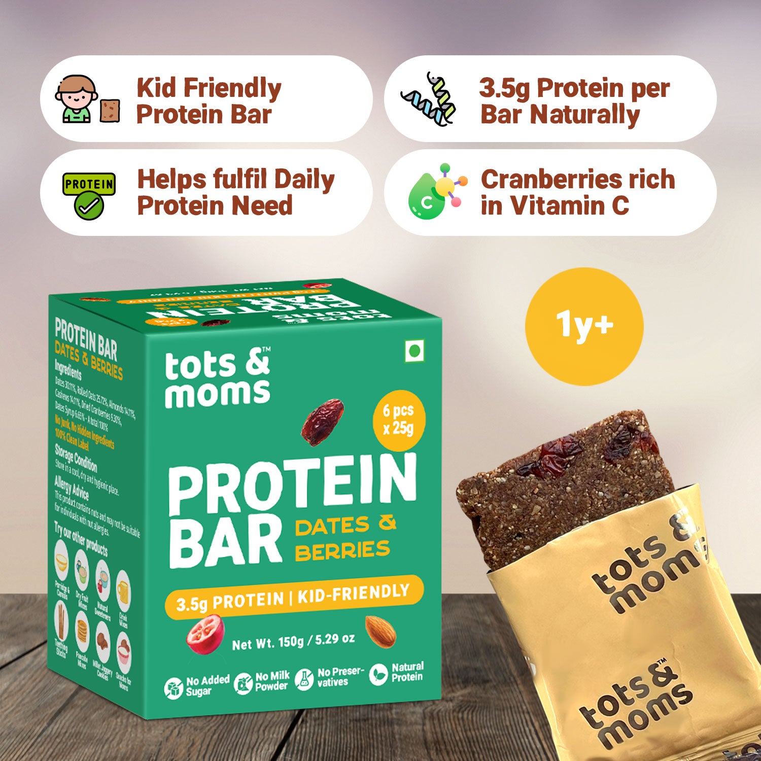 Tots & Moms Protein Bar - Dates & Nuts Bar | Dates & Berries Bar | 150g each