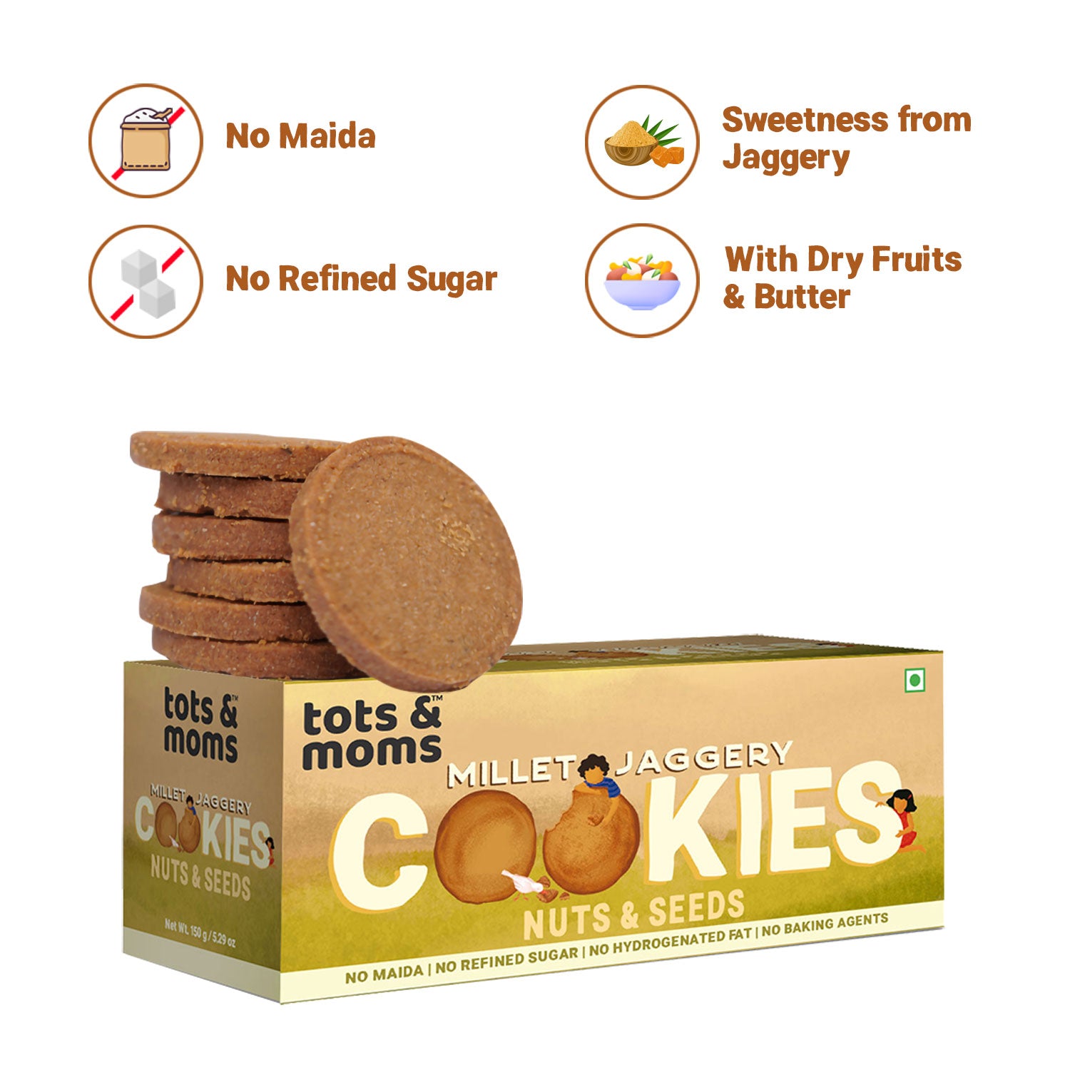 Tots & Moms Millet & Jaggery Cookies - Nuts & Seeds | 150g