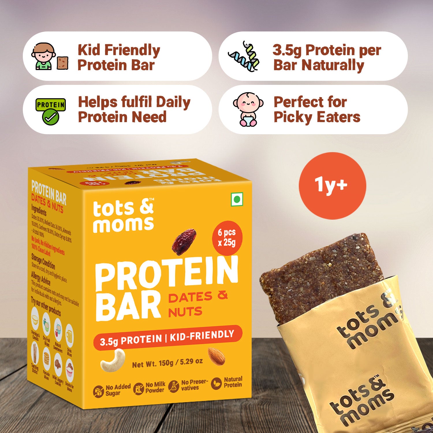 Tots & Moms Protein Bar - Dates & Nuts Bar - 150g