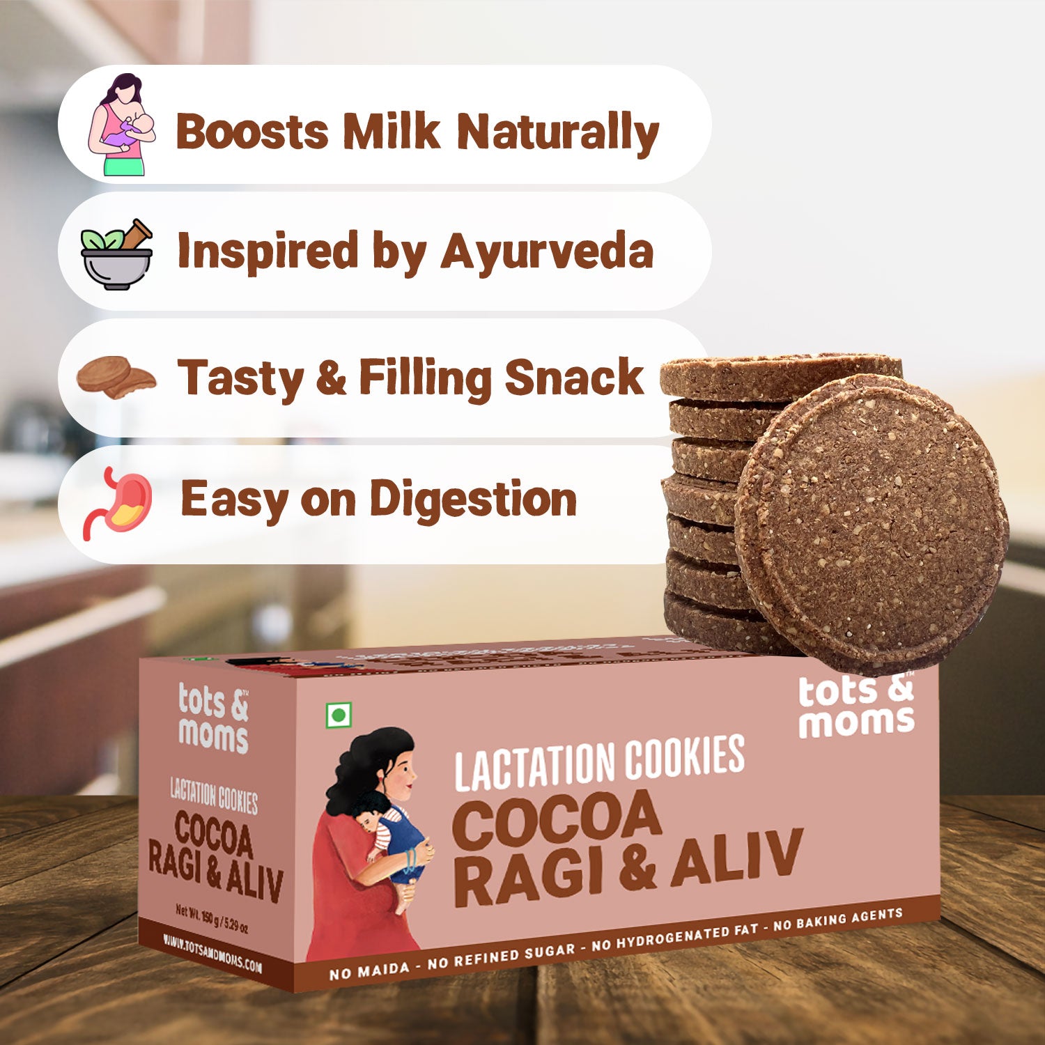 Tots & Moms Lactation Cookies – Cocoa Ragi & Aliv | Boosts Lactation, Immunity & Postpartum Recovery | Rich in antioxidants | No Refined Sugar or Preservatives | Pack of 2 - 150g each