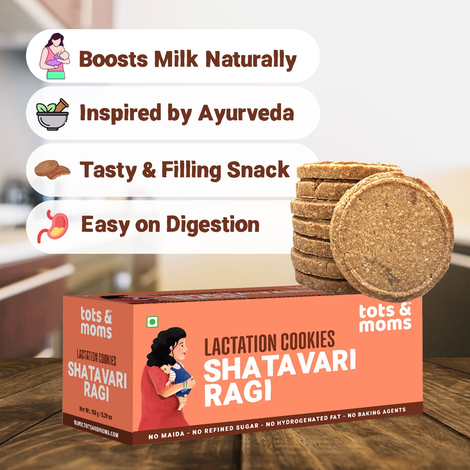 Tots & Moms Lactation Cookies-Shatavari Ragi | Nourishing Support for New Moms | Rich in Calcium, Iron & Omega Fats | Boosts Milk Production & Postpartum Recovery | No Refined Sugar or Preservatives | Pack of 3 - 150g each