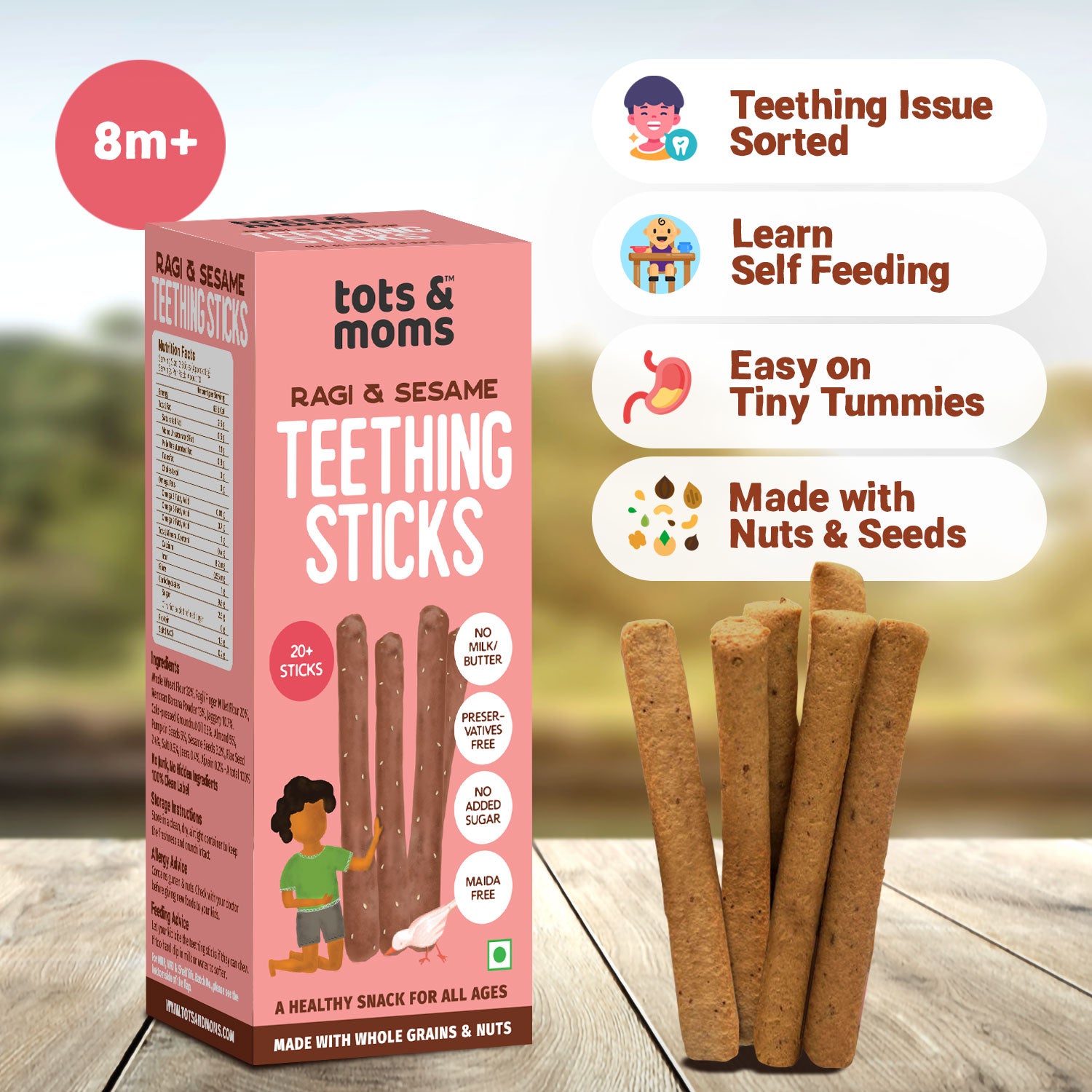 Tots and Moms Ragi, Banana, Sesame Teething Sticks made with Jaggery for Babies, 12Months+, Pack of 2-150g each