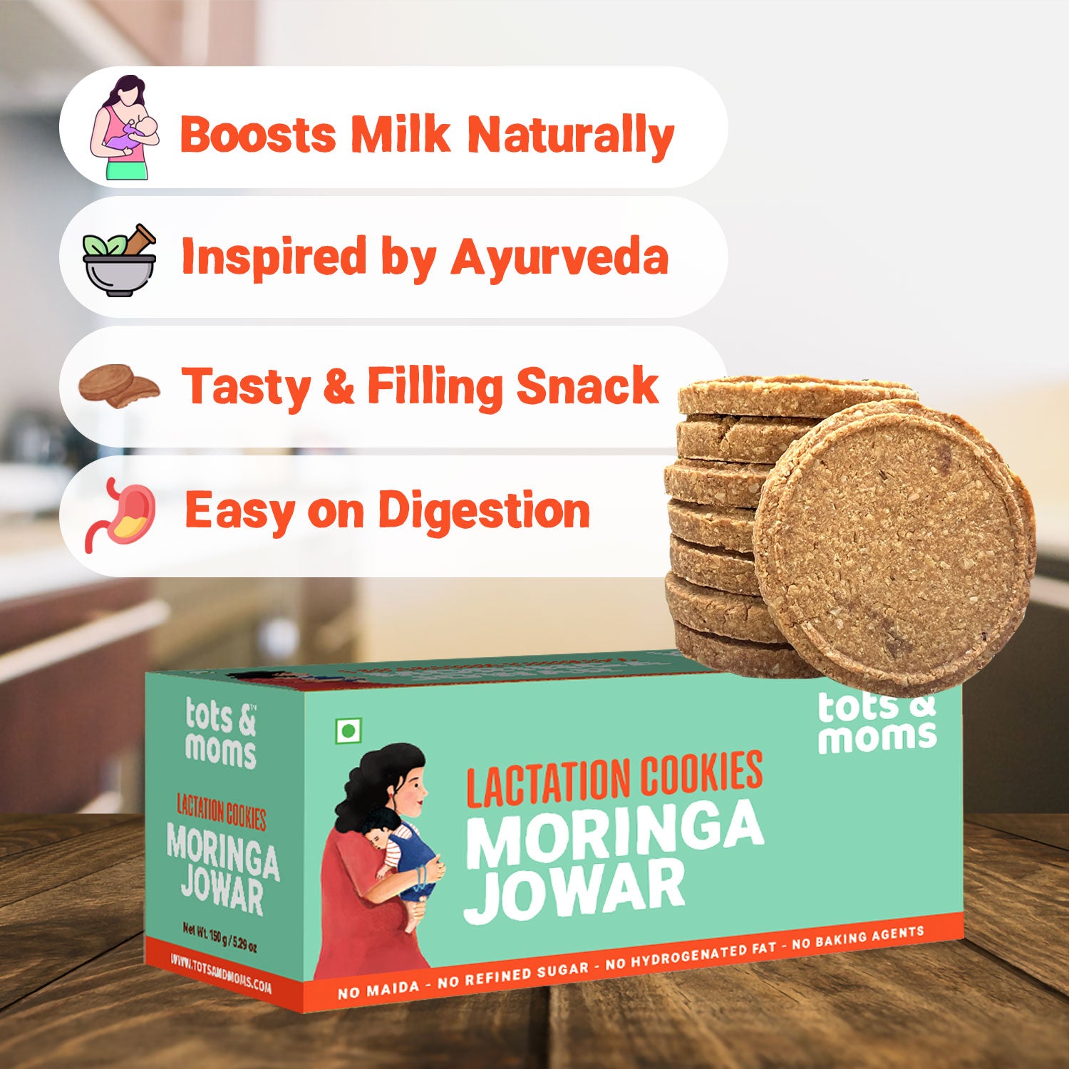 Tots & Moms Lactation Cookies – Moringa & Jowar | Boosts Lactation, Immunity & Postpartum Recovery | High-Fiber, Nutrient-Rich | No Refined Sugar or Preservatives | Pack of 2 - 150g each
