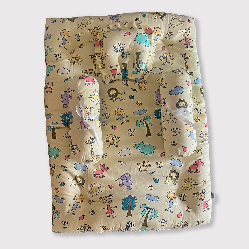 Oranges & Lemons | Cotton Baby Bedding Set | Gadda Set | Neck Pillow, Bolsters & Mattress - Yellow