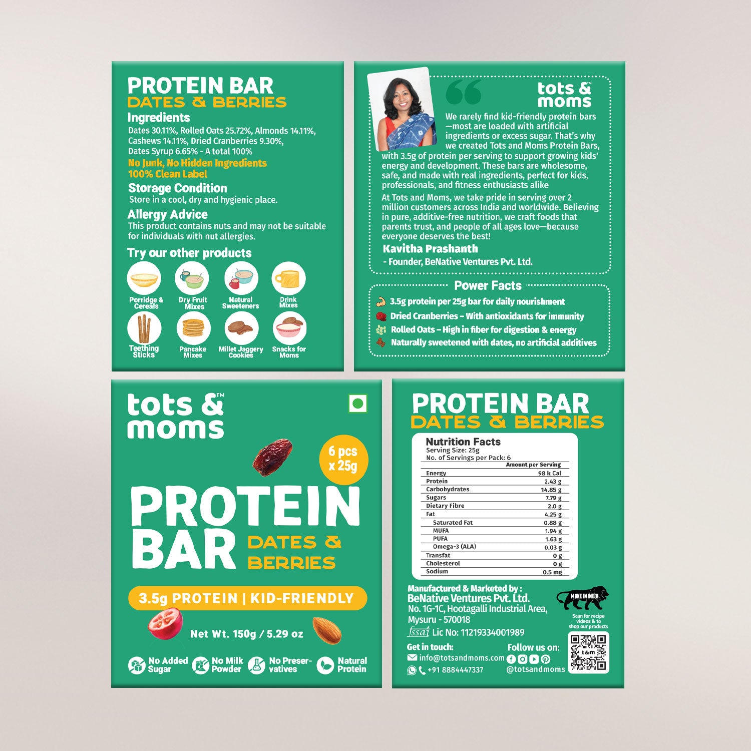 Tots & Moms Protein Bar - Dates & Nuts Bar | Dates & Berries Bar | 150g each