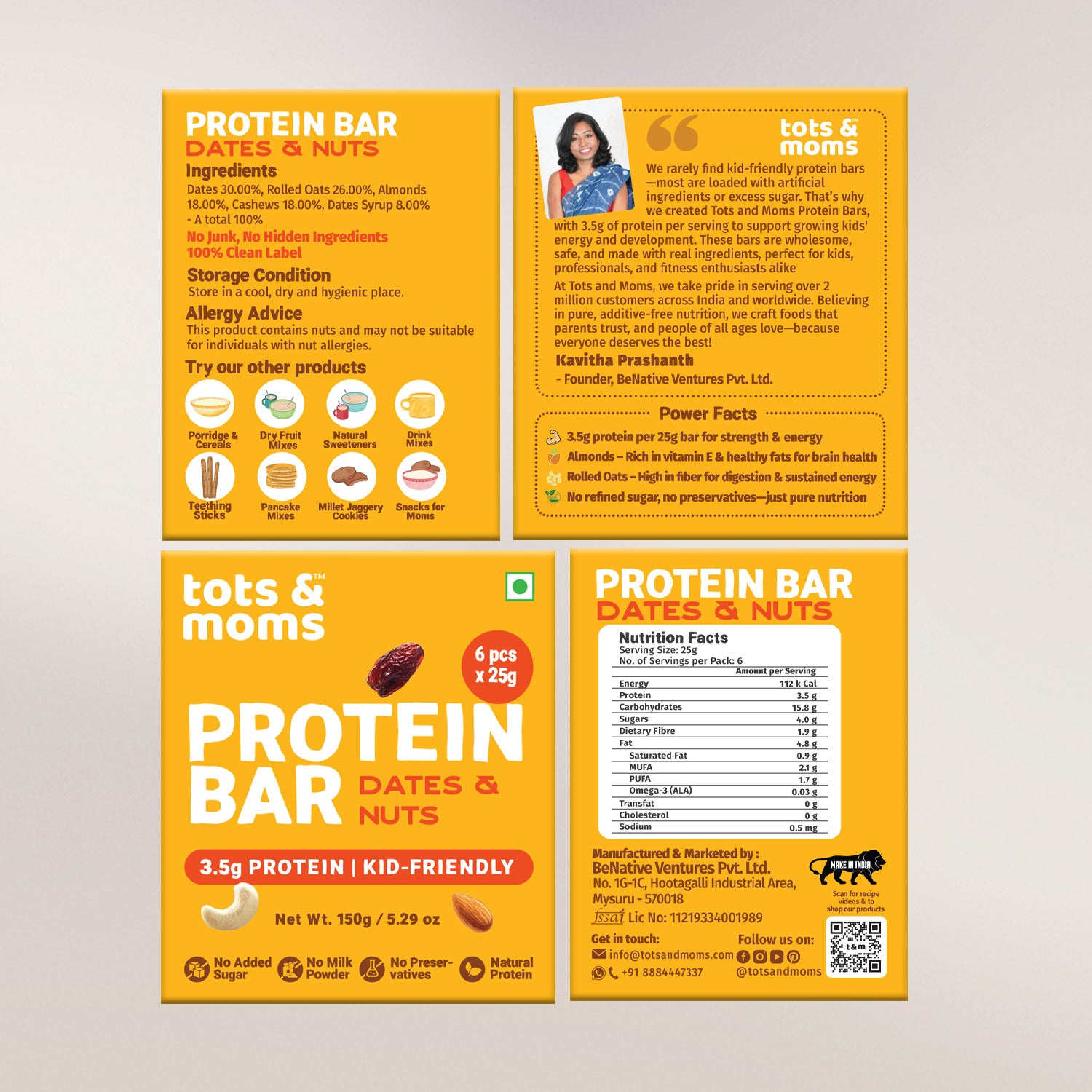 Tots & Moms Protein Bar - Dates & Nuts Bar | Dates & Berries Bar | 150g each