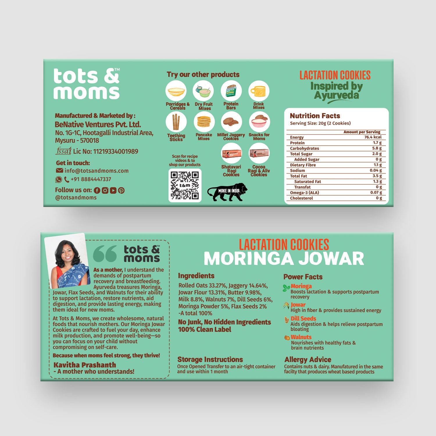 Tots & Moms Lactation Cookies – Moringa & Jowar | Boosts Lactation, Immunity & Postpartum Recovery | High-Fiber, Nutrient-Rich | No Refined Sugar or Preservatives | Pack of 2 - 150g each