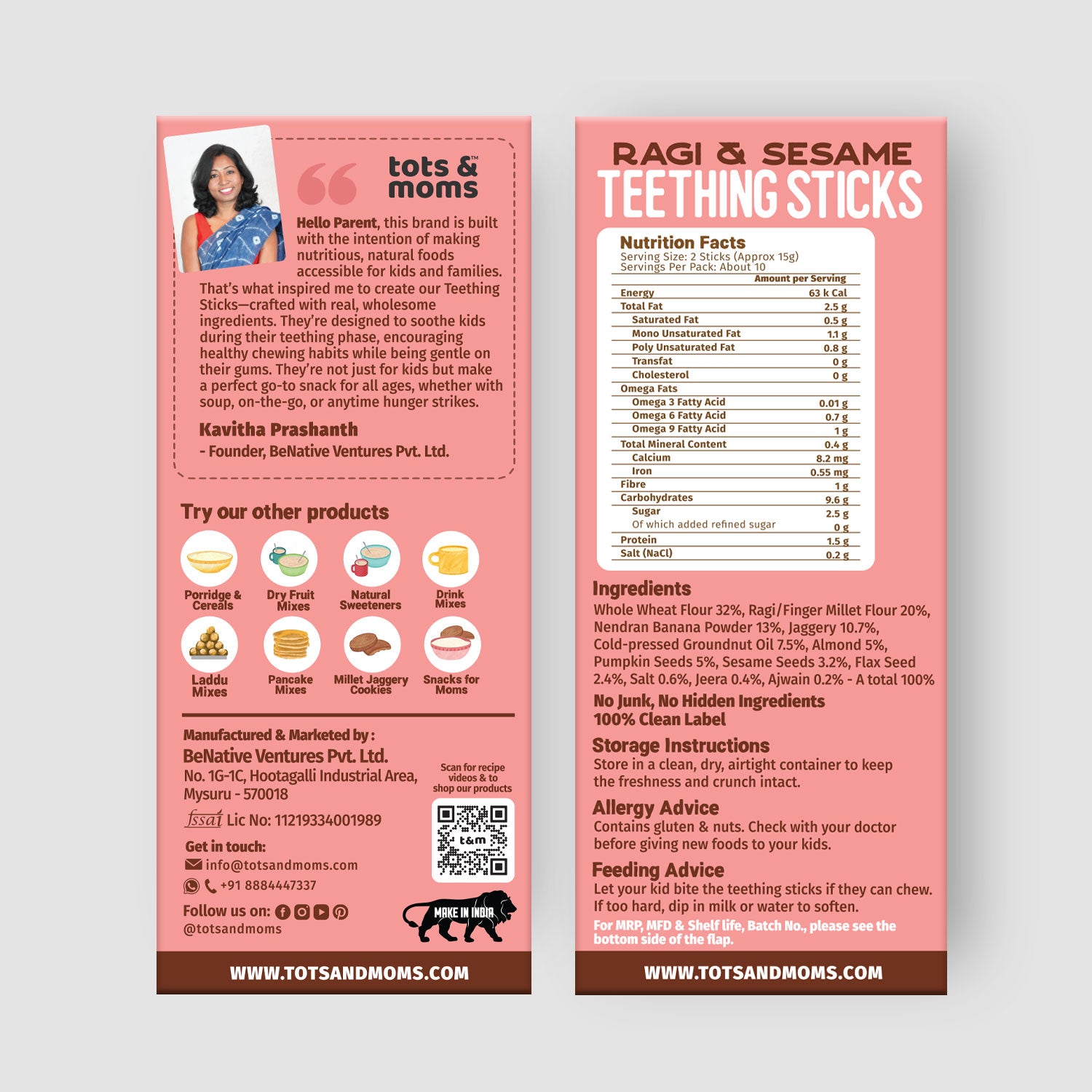 Tots and Moms Ragi, Banana, Sesame Teething Sticks made with Jaggery for Babies, 12Months+, Pack of 2-150g each