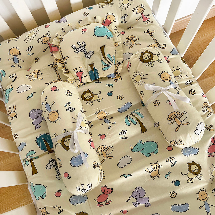 Oranges & Lemons | Cotton Baby Bedding Set | Gadda Set | Neck Pillow, Bolsters & Mattress - Yellow