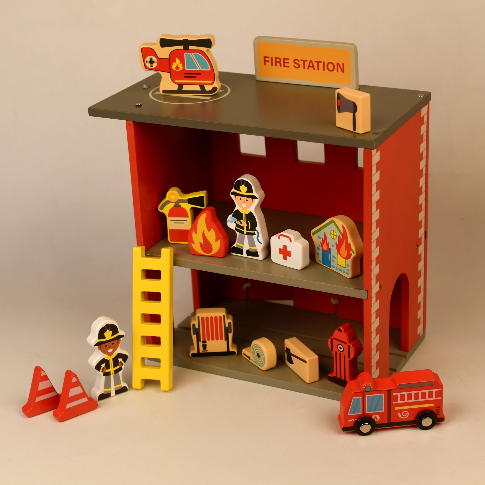 Playbox Wooden Red Marshall's Fire Station Pretend Play Toy Set Vehicles and All Fire Accessories for Toddlers Kids Children Imagination Team Role Play Educational Game Toys