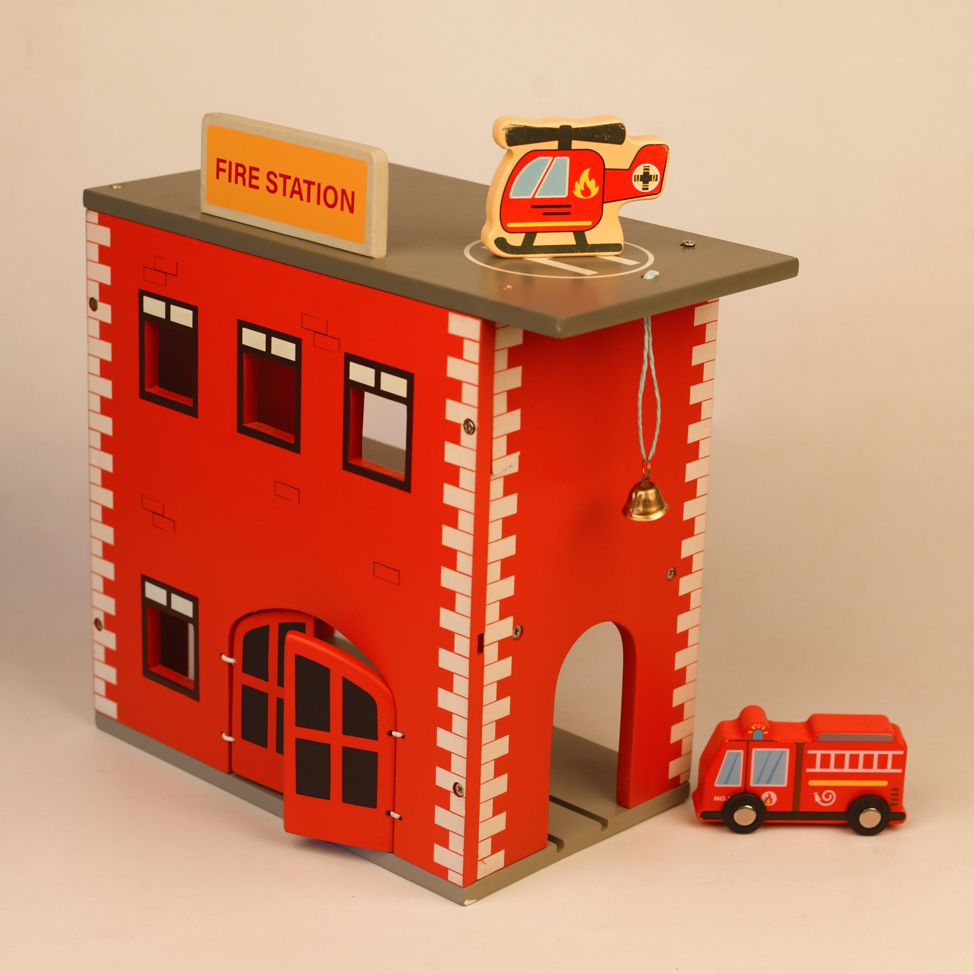 Playbox Wooden Red Marshall's Fire Station Pretend Play Toy Set Vehicles and All Fire Accessories for Toddlers Kids Children Imagination Team Role Play Educational Game Toys