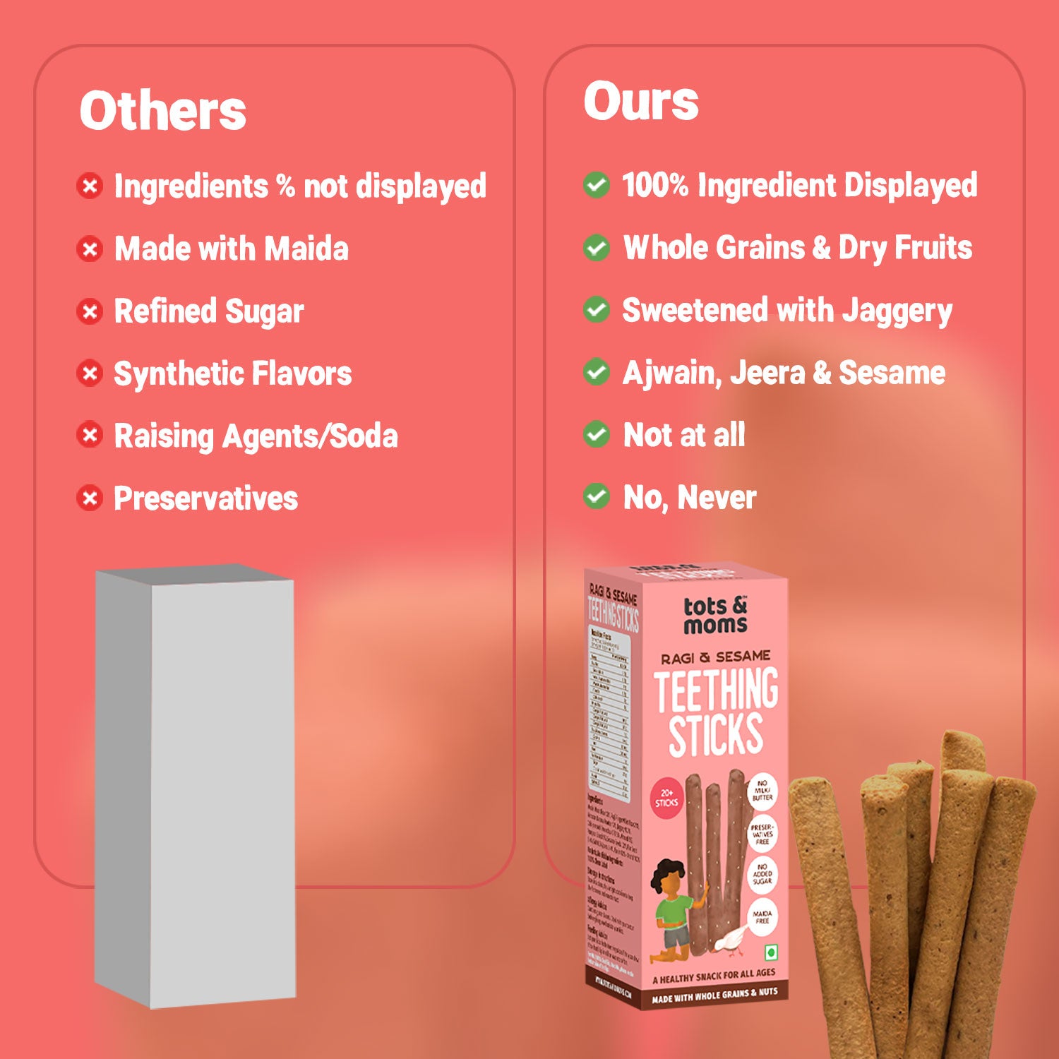 Tots and Moms Ragi, Banana, Sesame Teething Sticks made with Jaggery for Babies, 12Months+, Pack of 2-150g each
