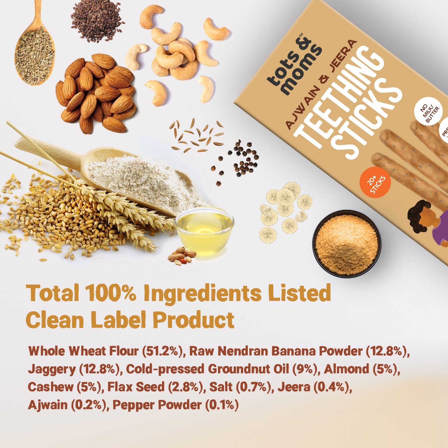 Tots and Moms Whole Wheat, Ajwain & Jeera Teething Sticks made with Jaggery for Babies, 12Months+, 150g