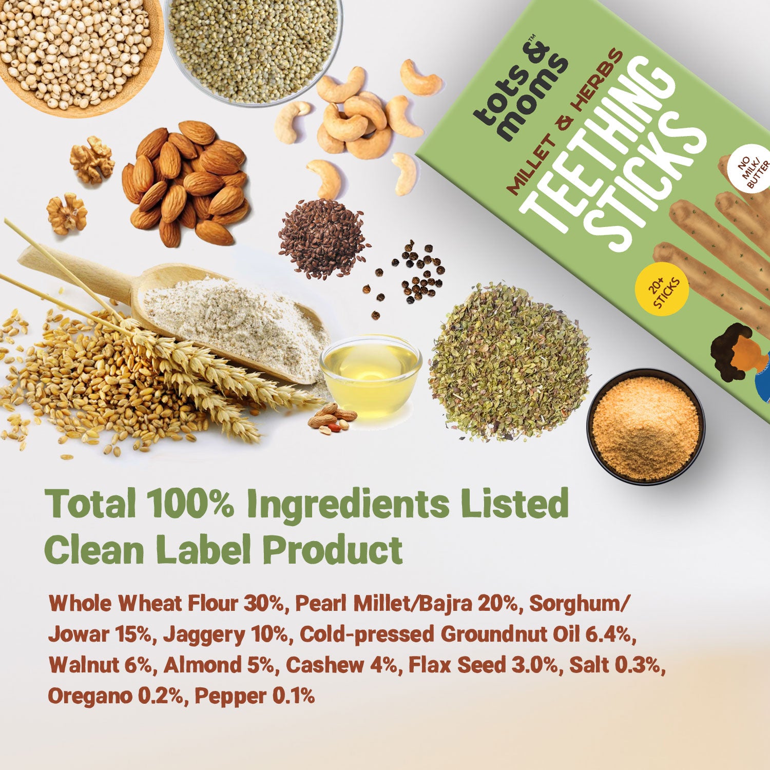 Tots and Moms Millet and Herbs Teething Sticks made with Jaggery for Babies, 12Months+, 150g