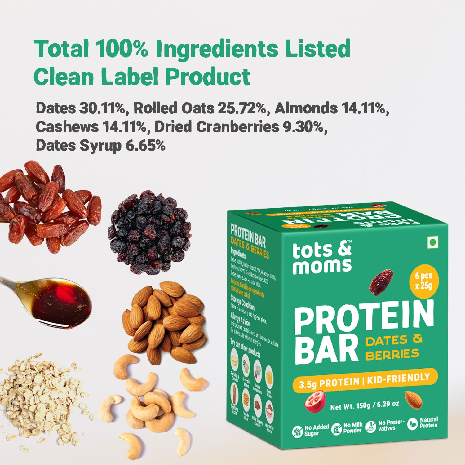 Tots & Moms Protein Bar - Dates & Nuts Bar | Choco & Dates Bar | Dates & Berries Bar | 150g each