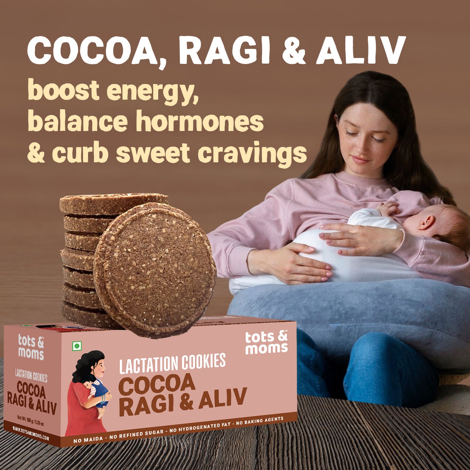 Tots & Moms Lactation Cookies – Cocoa Ragi & Aliv | Boosts Lactation, Immunity & Postpartum Recovery | Rich in antioxidants | No Refined Sugar or Preservatives | Pack of 2 - 150g each