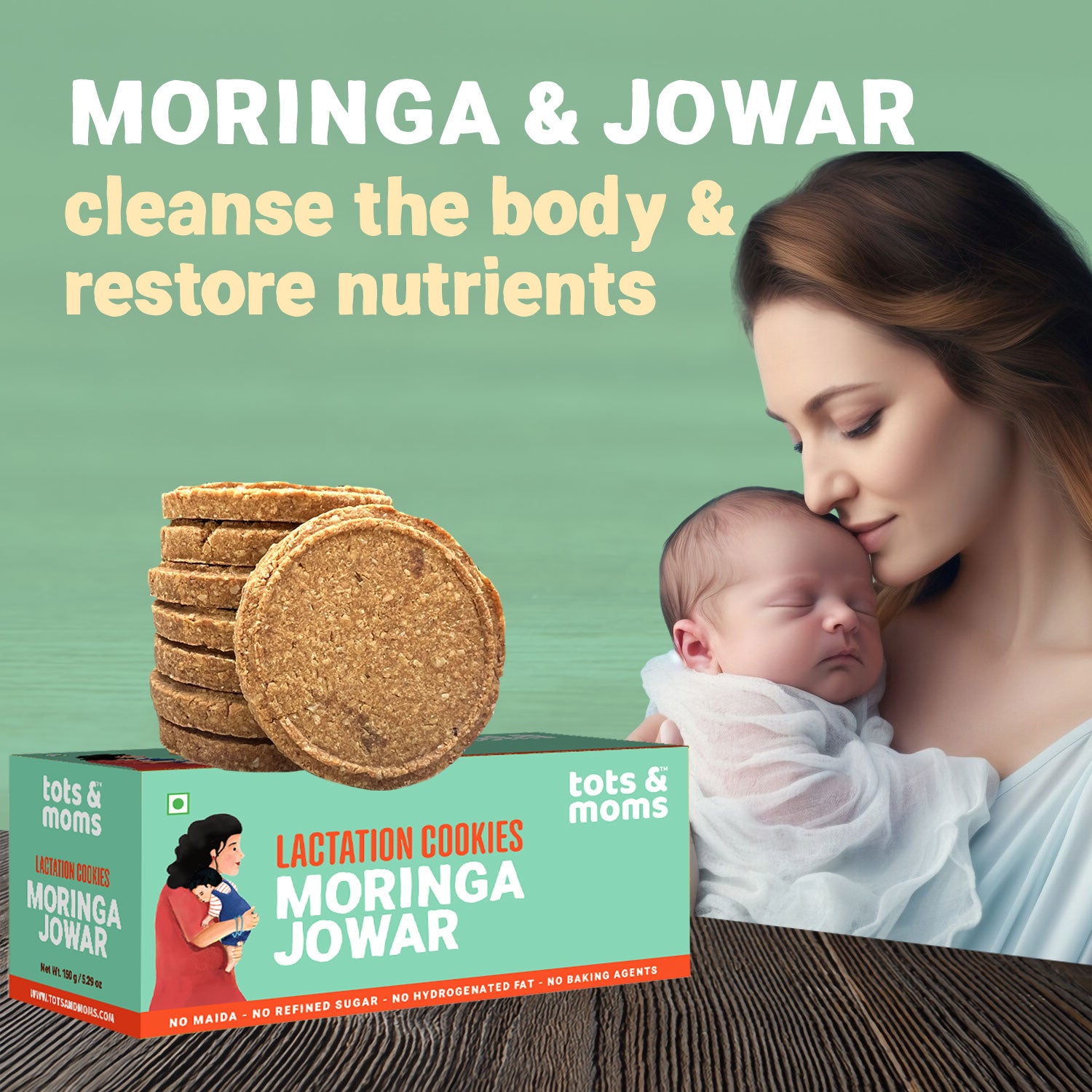 Tots & Moms Lactation Cookies – Moringa & Jowar | Boosts Lactation, Immunity & Postpartum Recovery | High-Fiber, Nutrient-Rich | No Refined Sugar or Preservatives | Pack of 2 - 150g each