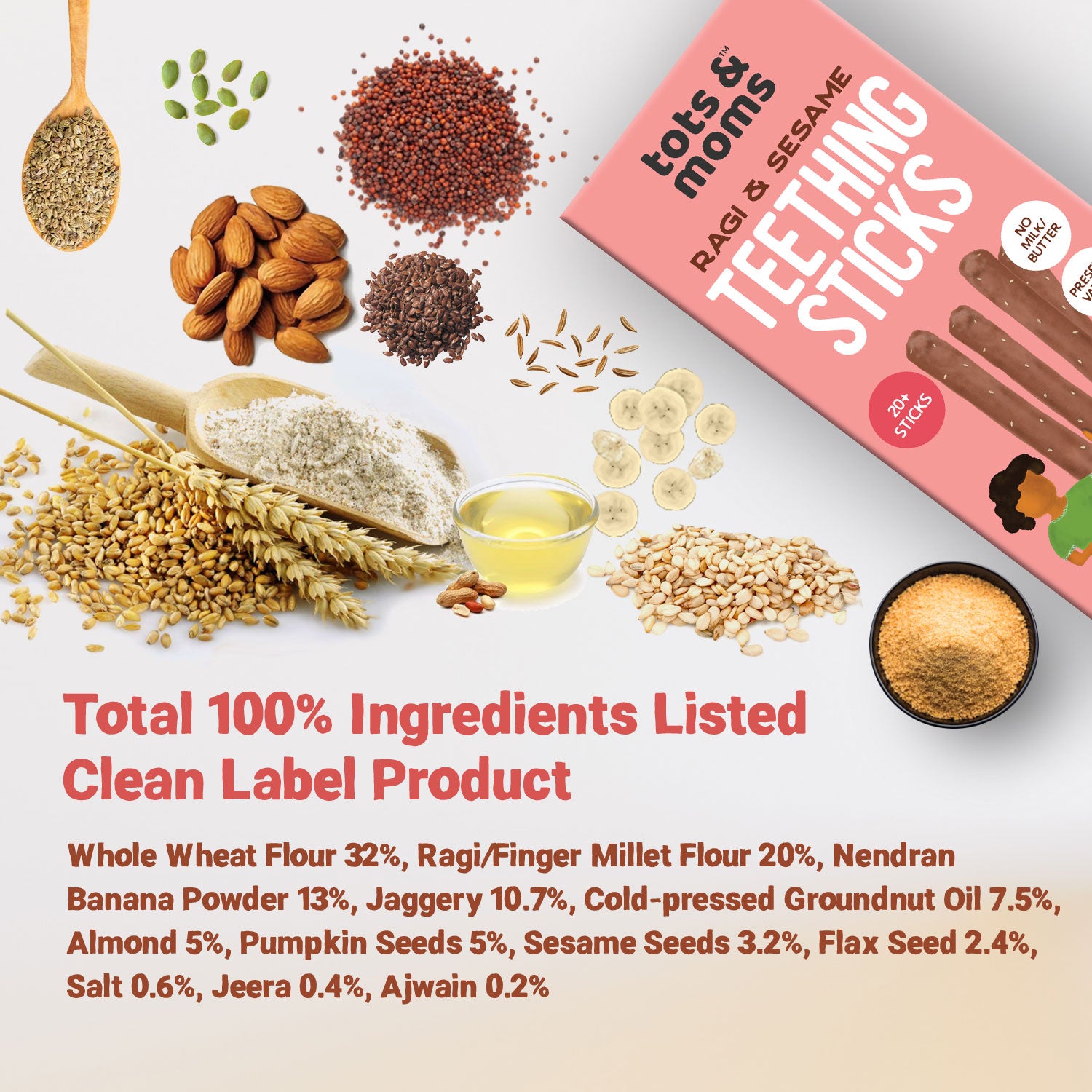Tots and Moms Ragi, Banana, Sesame Teething Sticks made with Jaggery for Babies, 12Months+, Pack of 2-150g each