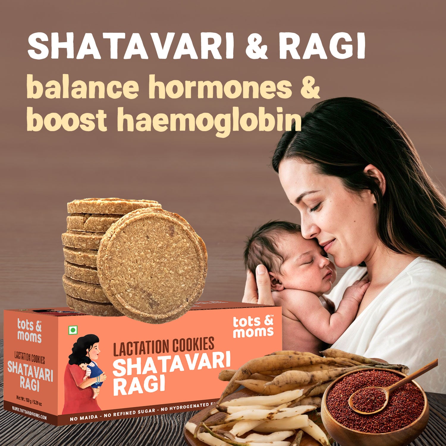 Tots & Moms Lactation Cookies-Shatavari Ragi | Nourishing Support for New Moms | Rich in Calcium, Iron & Omega Fats | Boosts Milk Production & Postpartum Recovery | No Refined Sugar or Preservatives | Pack of 2 - 150g each