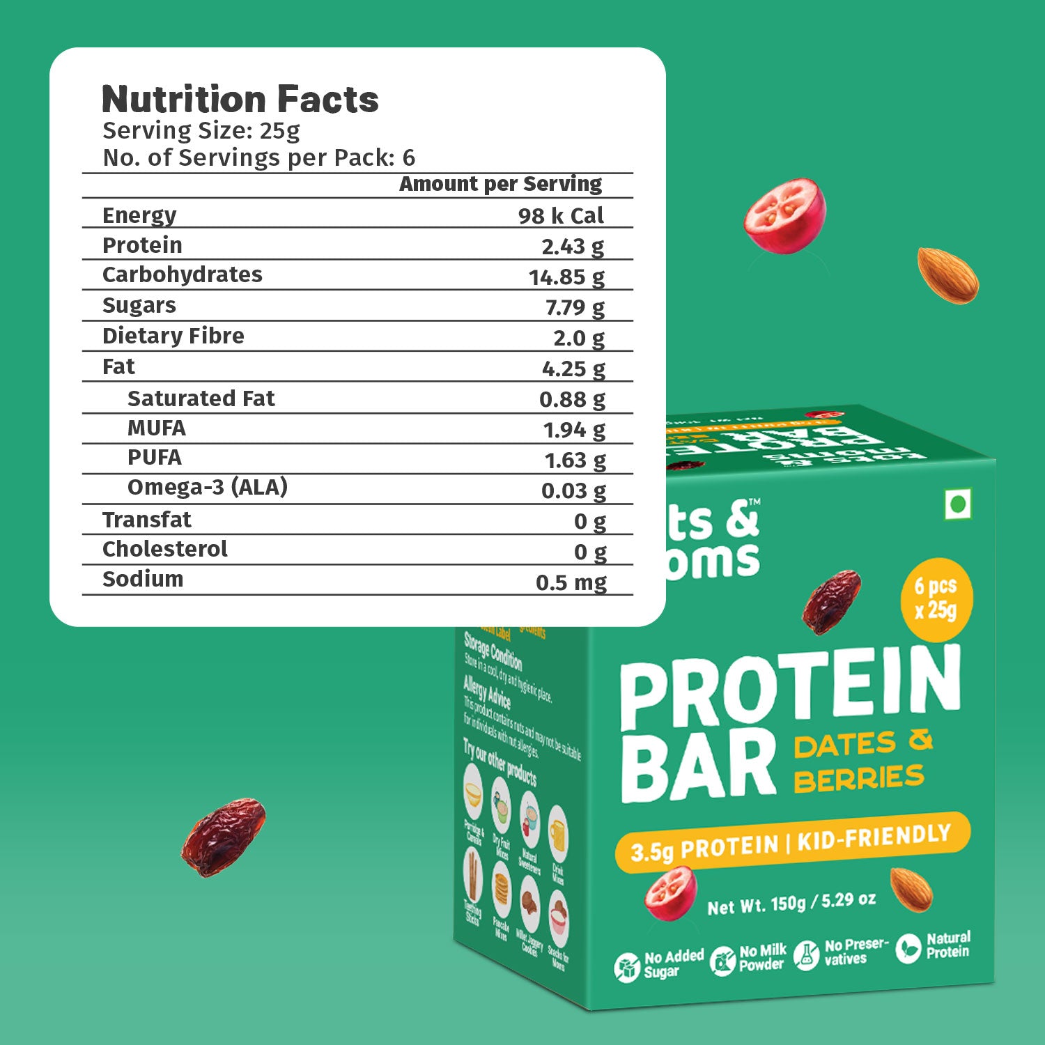 Tots & Moms Protein Bar - Dates & Nuts Bar | Dates & Berries Bar | 150g each