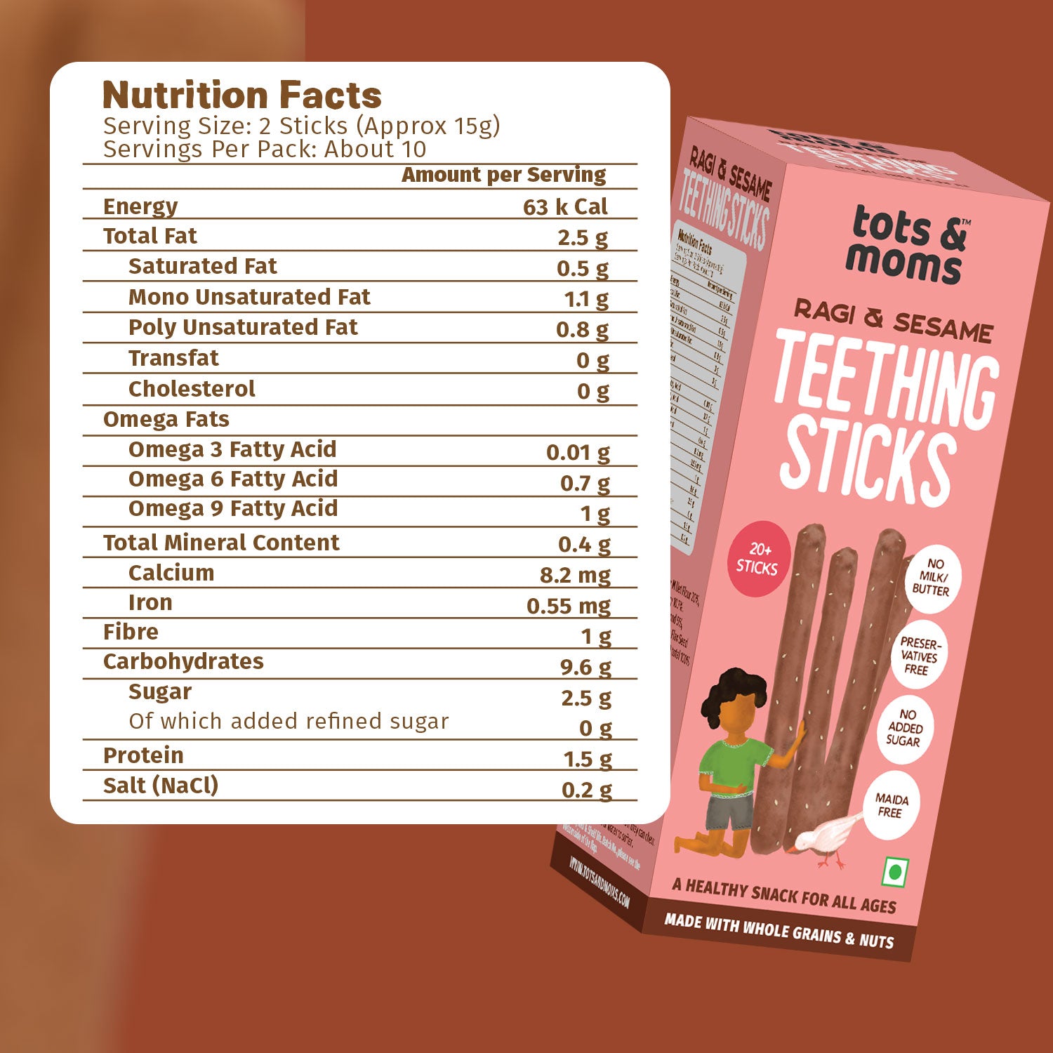 Tots and Moms Ragi, Banana, Sesame Teething Sticks made with Jaggery for Babies, 12Months+, Pack of 2-150g each