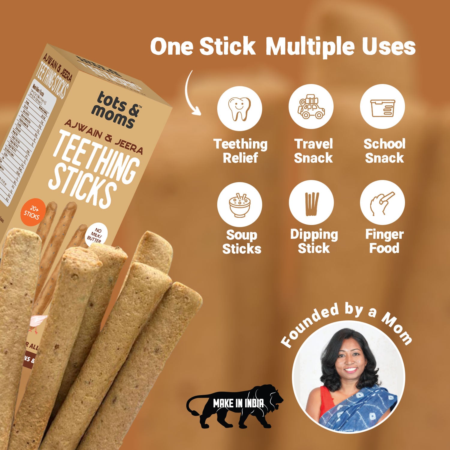 Tots and Moms Whole Wheat, Ajwain & Jeera Teething Sticks made with Jaggery for Babies, 12Months+, 150g
