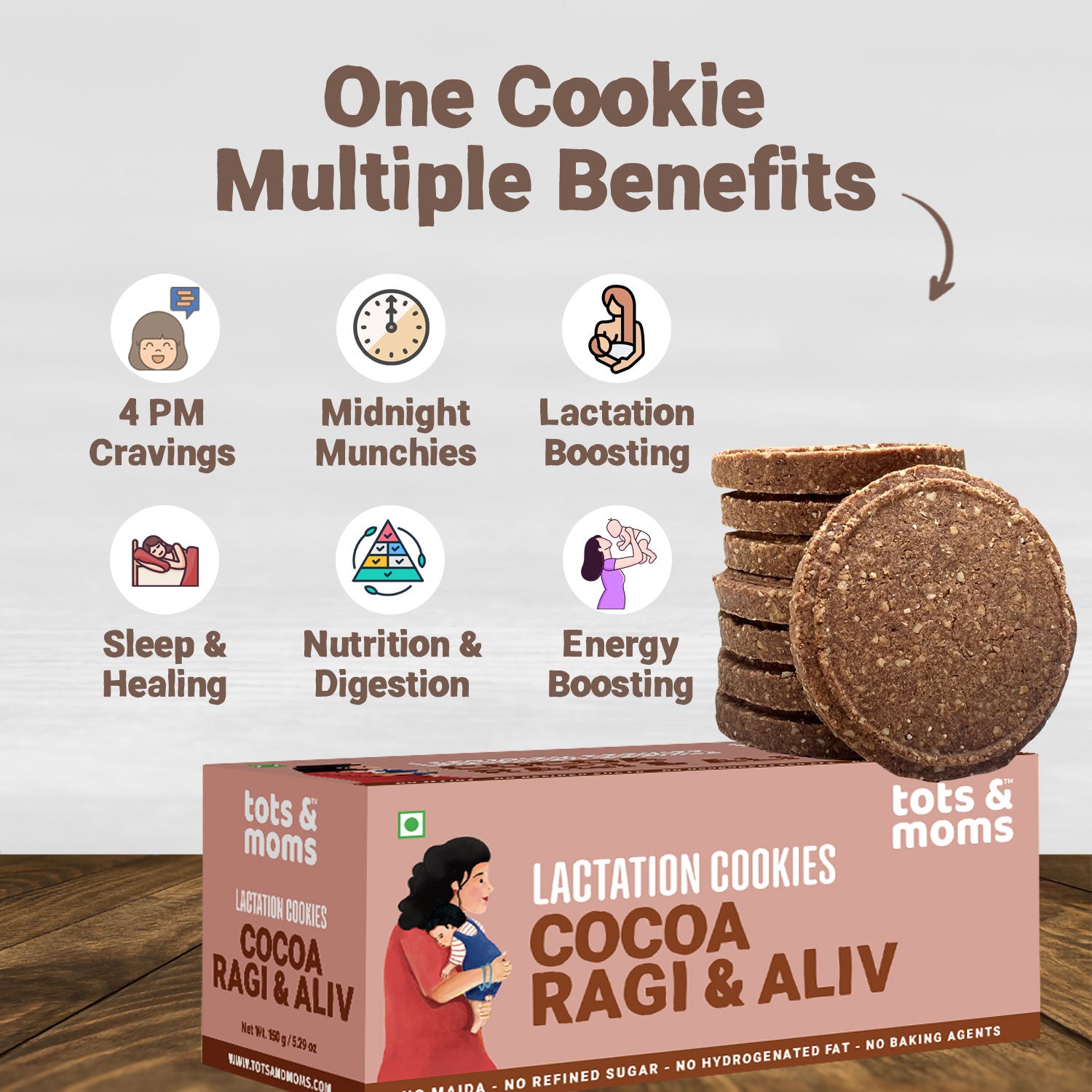 Tots & Moms Lactation Cookies – Cocoa Ragi & Aliv | Boosts Lactation, Immunity & Postpartum Recovery | Rich in antioxidants | No Refined Sugar or Preservatives | Pack of 2 - 150g each