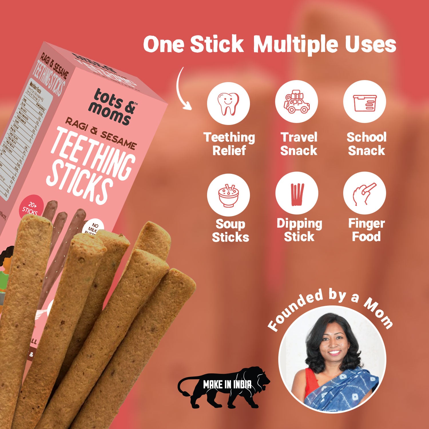 Tots and Moms Ragi, Banana, Sesame Teething Sticks made with Jaggery for Babies, 12Months+, Pack of 2-150g each