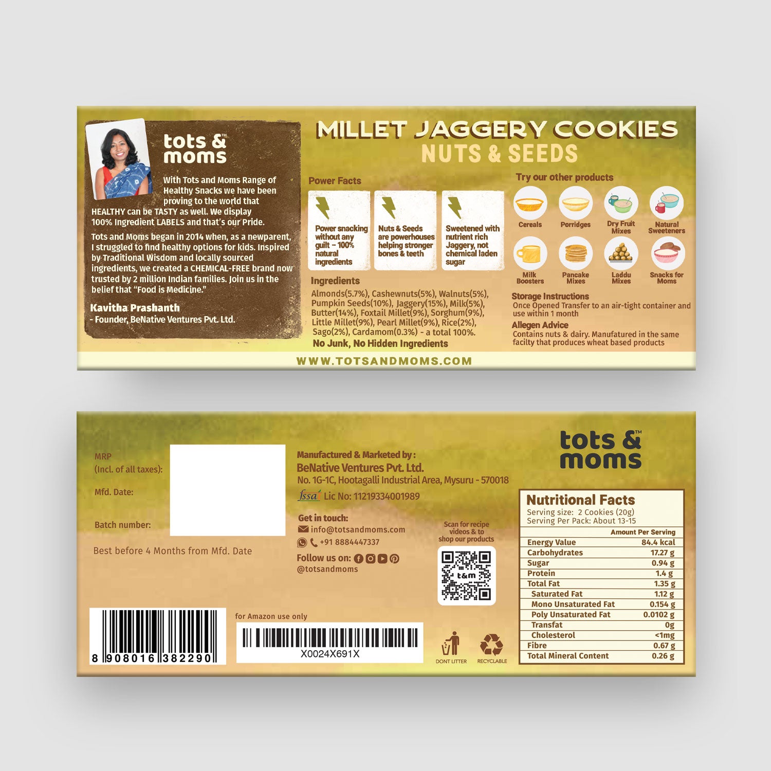 Tots & Moms Millet & Jaggery Cookies - Nuts & Seeds | 150g