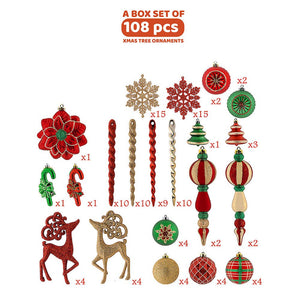 108 pcs classic Red Green & Gold Poinsettia themed Christmas Balls tree hanging, Xmas Decoration set. - Christmas