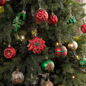 108 pcs classic Red Green & Gold Poinsettia themed Christmas Balls tree hanging, Xmas Decoration set. - Christmas