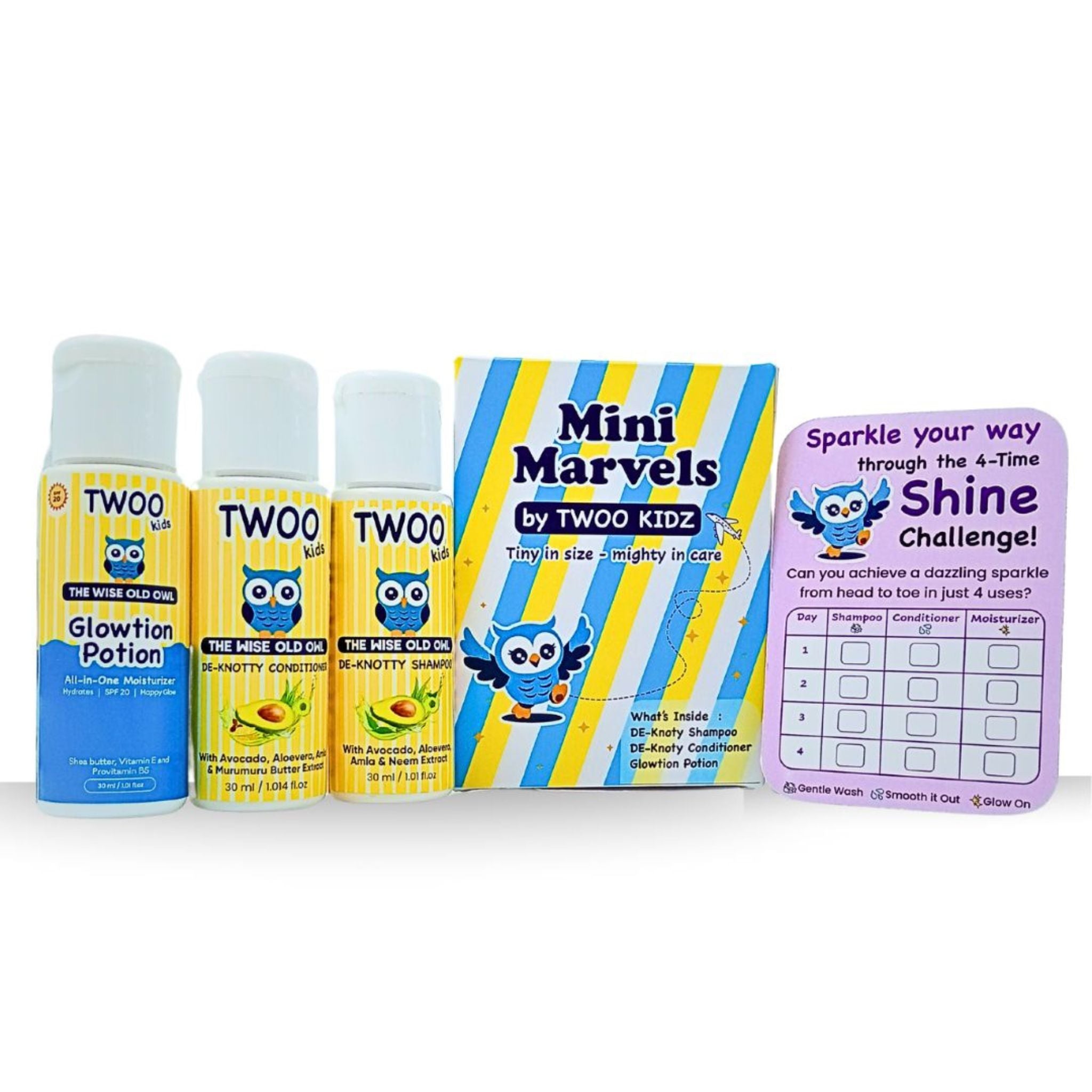 TWOO Kids Mini Marvels Kit- De-Knotty Shampoo, De-Knotty Conditioner and Glowtion Potion