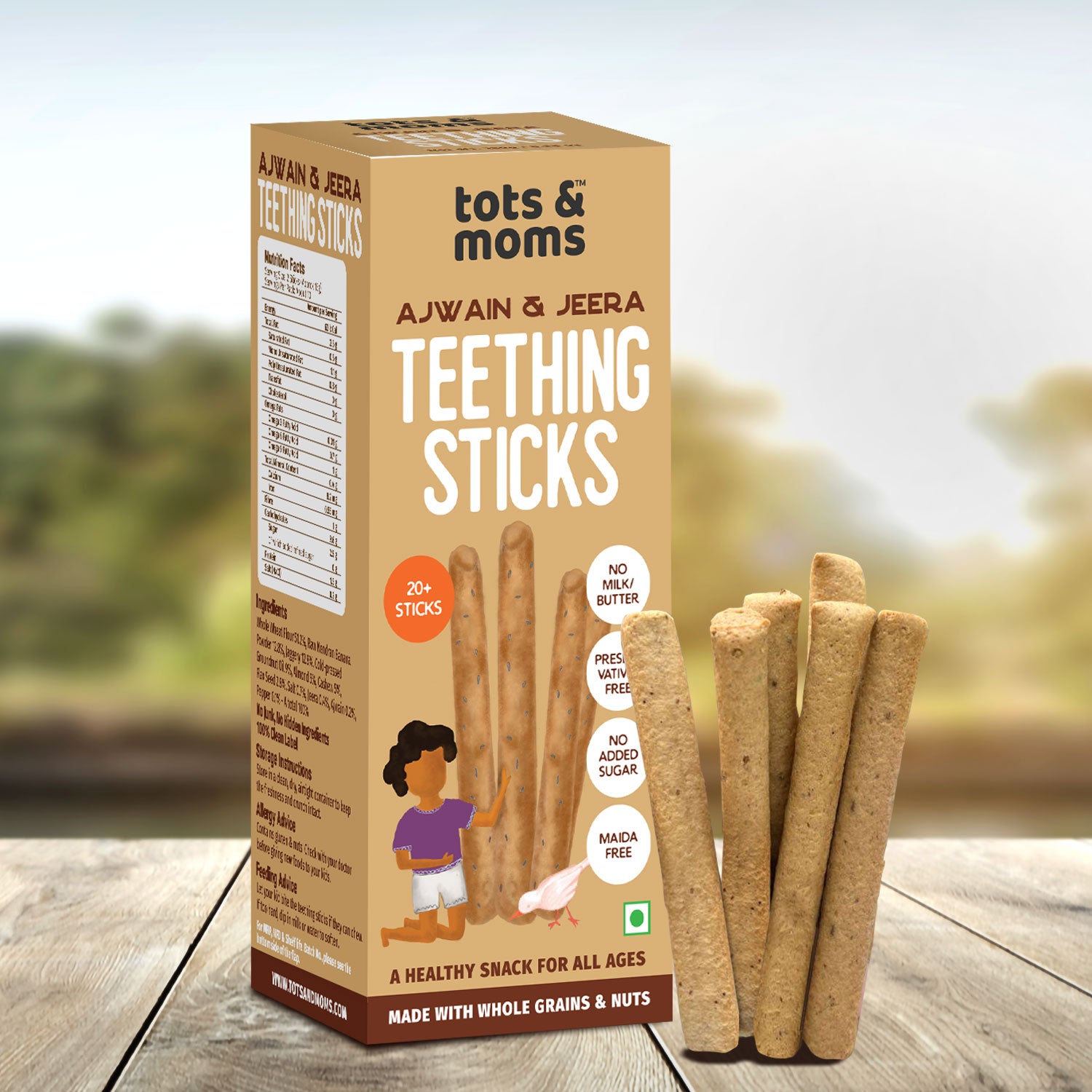 Tots and Moms Whole Wheat, Ajwain & Jeera Teething Sticks made with Jaggery for Babies, 12Months+, 150g