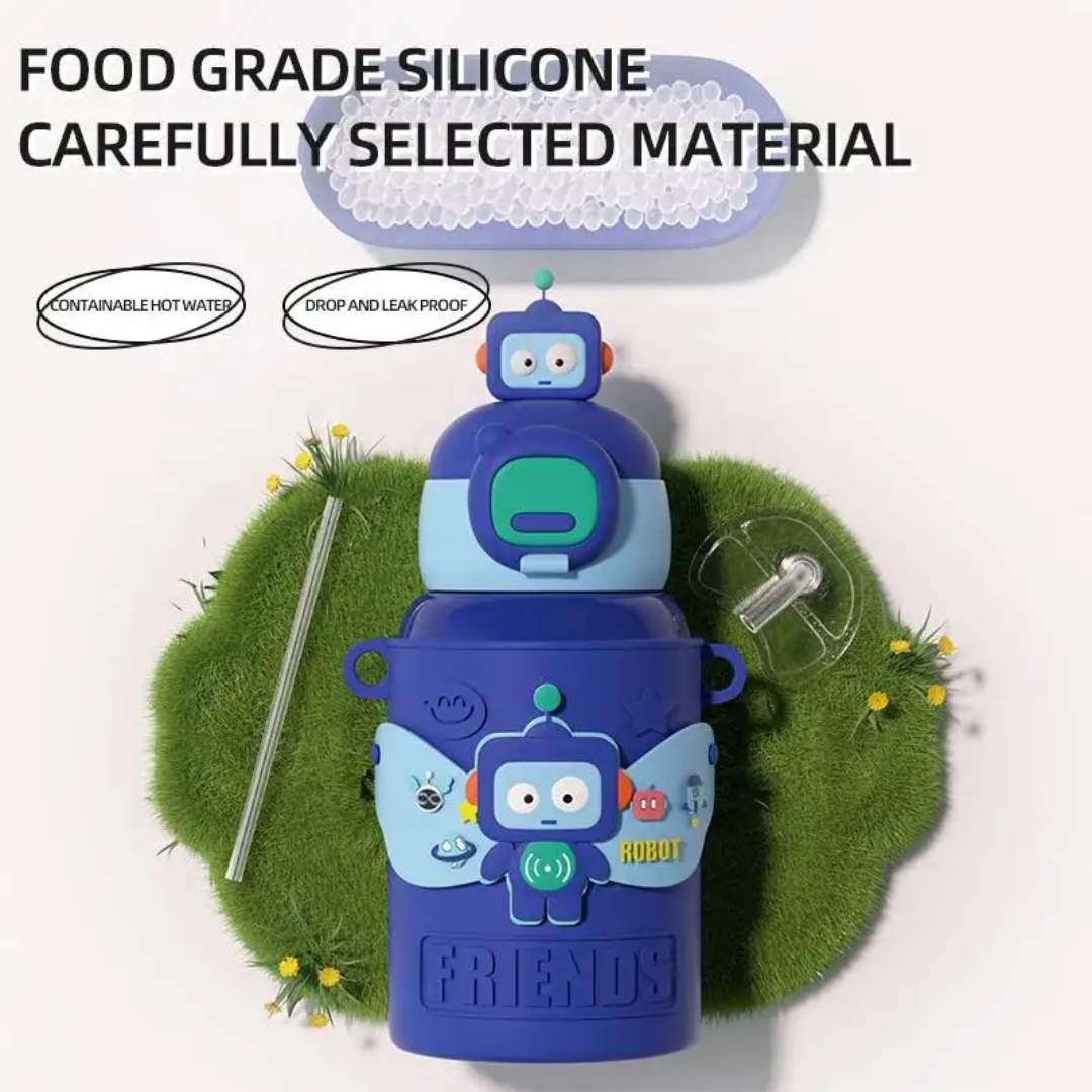 Cool Robot Kids’ Water Bottle – 450ml, Insulated & Travel-Friendly with Mini Toys!